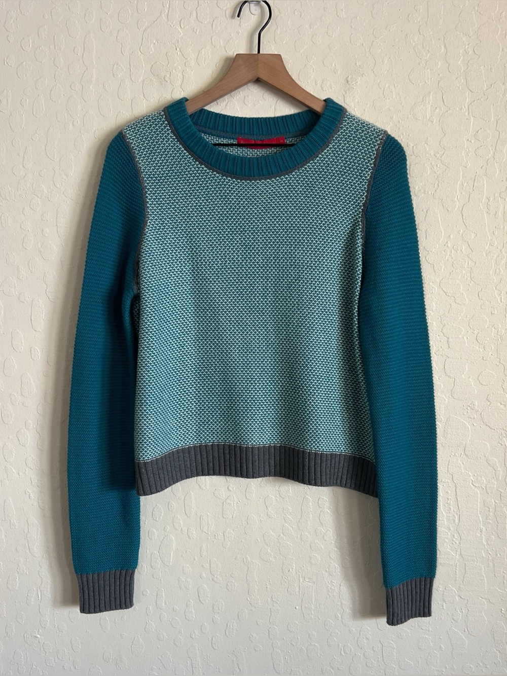 Krimson Klover Wool Nylon Boxy Crewneck Sweater Medium Teal Gray Textured Knit